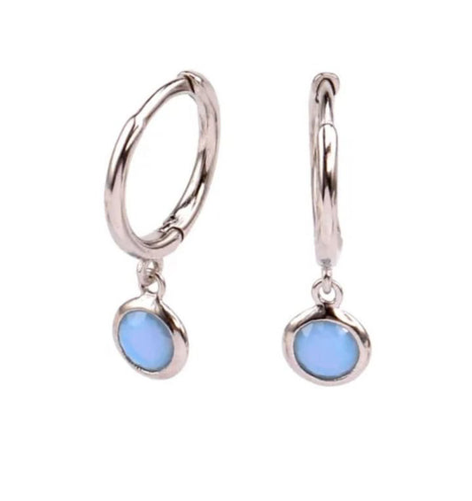 White gold plated Huggy Earings with blue stone