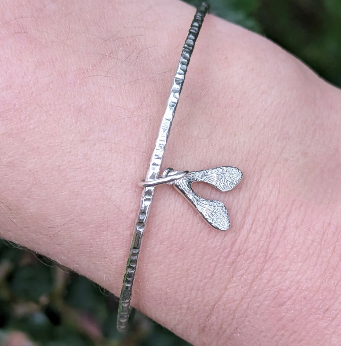 Sterling Silver Textured Bangle with Sycamore seed Charm