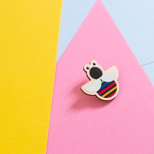 Cute rainbow bee eco-friendly wooden pin badge