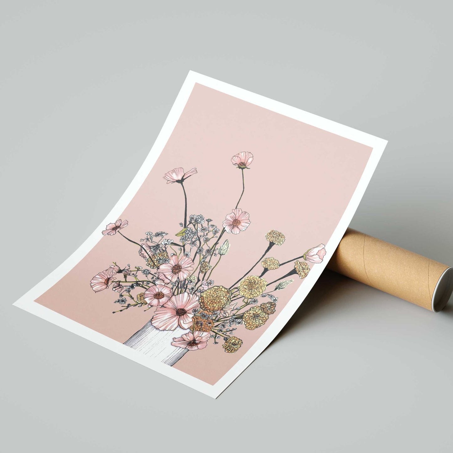 Pink Blooms Hand Drawn Art Print A4