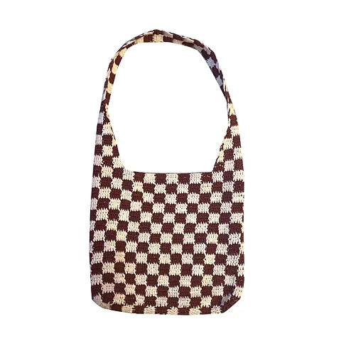 Brown Chequered Crotchet Bag