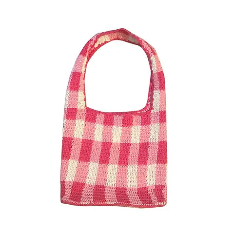 Pink Gingham Crotchet Bag Large