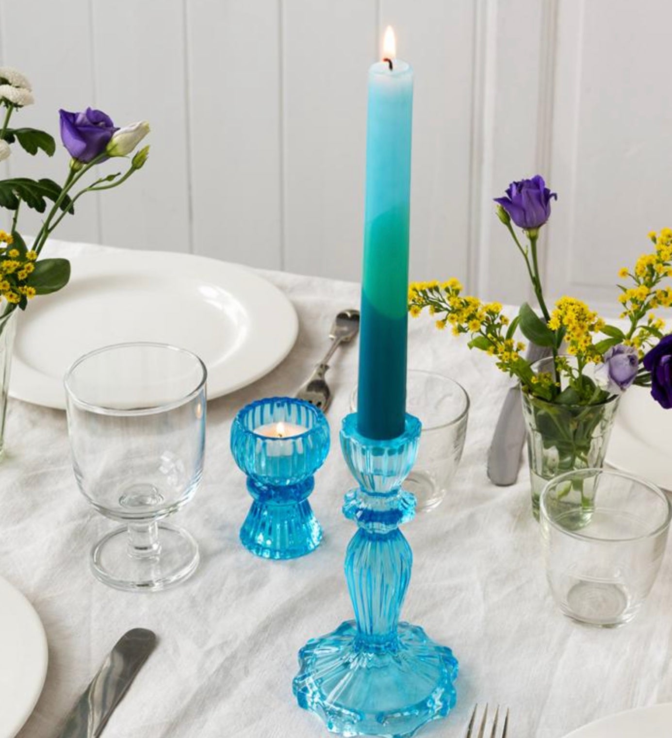 Tall Blue Glass Candle Holder