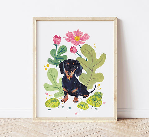 Dachshund and Plants A4 Art Print