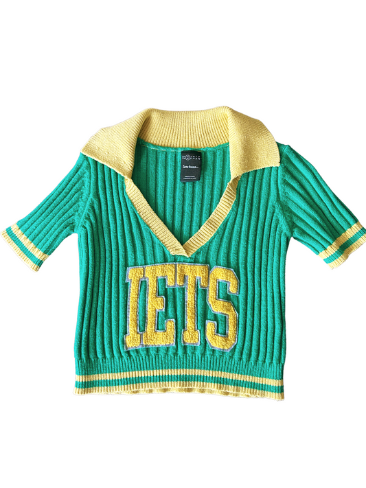 iets Frans Crop Knit Polo Top Women's S Green/Yellow Collared XS
