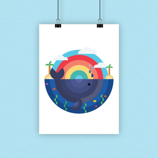 Rainbow whale - colourful, cute, illustration - children’s A4 print