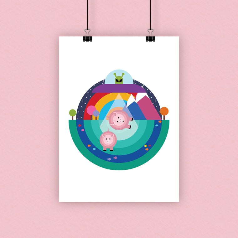 Paddy & Penny alien abduction - colourful, cute, illustration - children’s A4 print