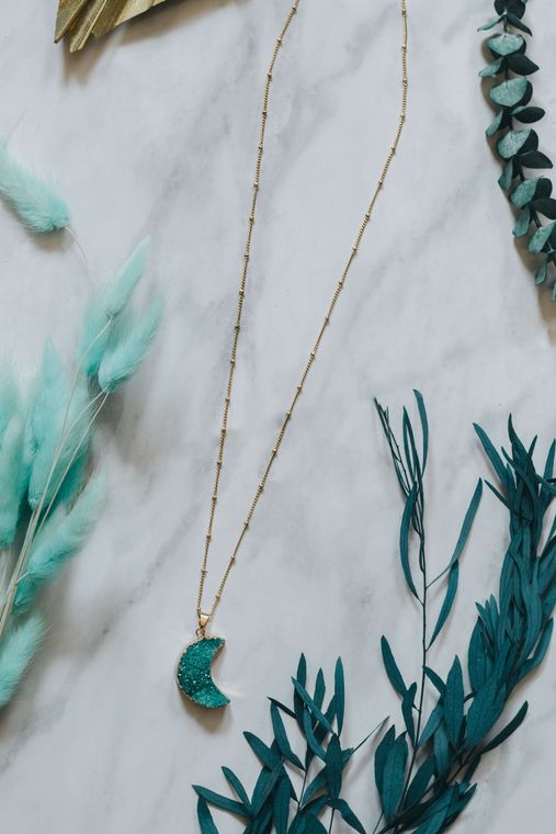 Gold Tone Raw Turquoise Crystal Half Moon Necklace